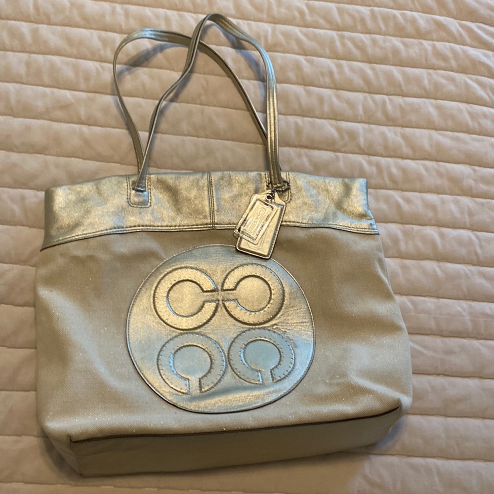 Silver linen and leather coach tote